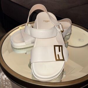 Fendi Feel White Leather Sandals with Fendi Gold Logo Accent Size 40